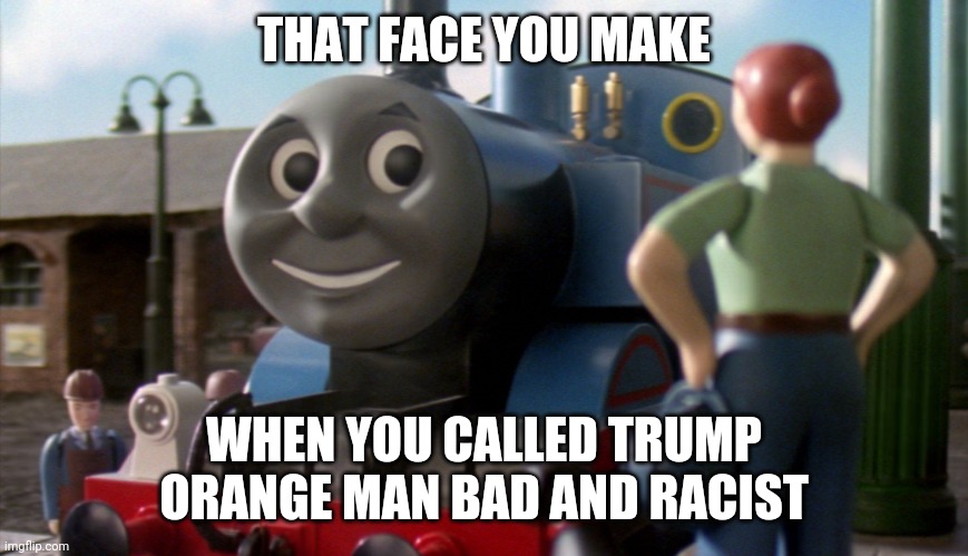 That face you make when | THAT FACE YOU MAKE; WHEN YOU CALLED TRUMP ORANGE MAN BAD AND RACIST | image tagged in thomas | made w/ Imgflip meme maker