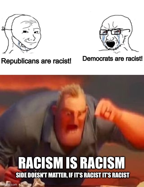Republicans are racist! Democrats are racist! RACISM IS RACISM; SIDE DOESN'T MATTER, IF IT'S RACIST IT'S RACIST | image tagged in mr incredible mad,liberal vs conservative,democrats,republicans,racism,racist | made w/ Imgflip meme maker