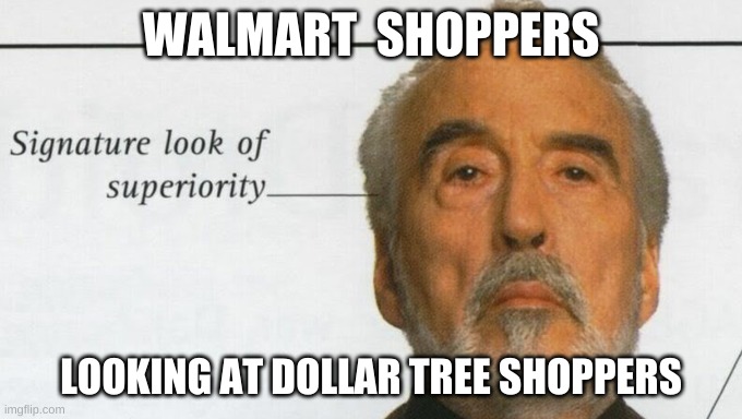 I Shop At Both | WALMART  SHOPPERS; LOOKING AT DOLLAR TREE SHOPPERS | image tagged in count dooku signature look of superiority,walmart,dollar tree,stores,shoppers | made w/ Imgflip meme maker