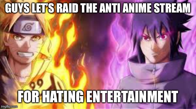 Mod note: no we will not be raiding anyone. We are currently at peace. | GUYS LET’S RAID THE ANTI ANIME STREAM; FOR HATING ENTERTAINMENT | made w/ Imgflip meme maker