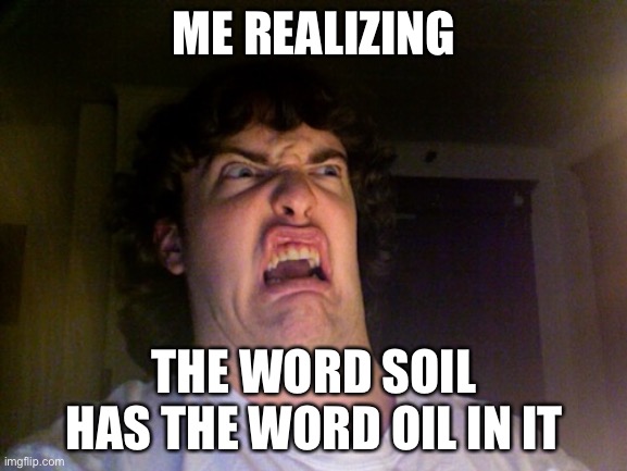 “Soil” has the word O I L in it | ME REALIZING; THE WORD SOIL HAS THE WORD OIL IN IT | image tagged in memes,oh no | made w/ Imgflip meme maker