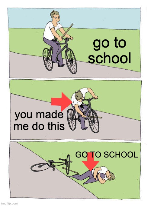 Bike Fall | go to school; you made me do this; GO TO SCHOOL | image tagged in memes,bike fall | made w/ Imgflip meme maker