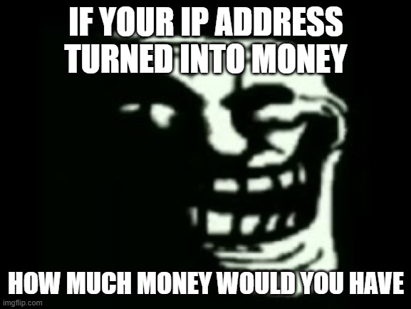 for legal reasons this is a joke | IF YOUR IP ADDRESS TURNED INTO MONEY; HOW MUCH MONEY WOULD YOU HAVE | image tagged in troll | made w/ Imgflip meme maker