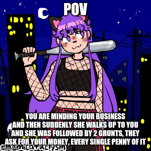 This rp takes place in the past, I was just saying that so people such as randomname27 doesn't treat this as a romance rp | POV; YOU ARE MINDING YOUR BUSINESS AND THEN SUDDENLY SHE WALKS UP TO YOU AND SHE WAS FOLLOWED BY 2 GRUNTS, THEY ASK FOR YOUR MONEY, EVERY SINGLE PENNY OF IT | made w/ Imgflip meme maker