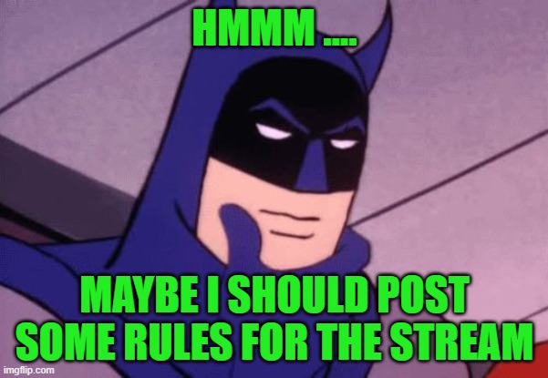 Rules for the stream in the comments. | HMMM .... MAYBE I SHOULD POST SOME RULES FOR THE STREAM | image tagged in batman pondering,rules,stream rules | made w/ Imgflip meme maker