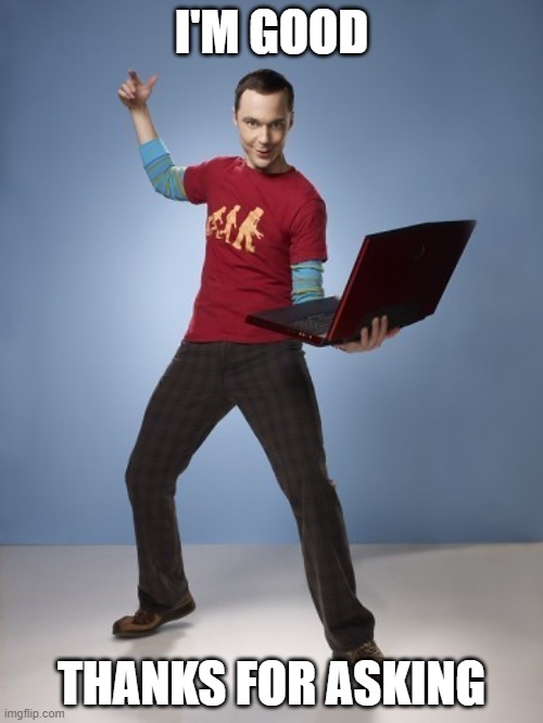 Sheldon Laptop | I'M GOOD; THANKS FOR ASKING | image tagged in sheldon laptop | made w/ Imgflip meme maker