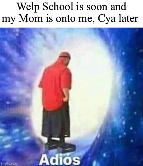 Bye | Welp School is soon and my Mom is onto me, Cya later | image tagged in adios | made w/ Imgflip meme maker