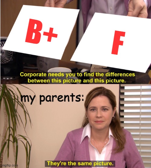 They're The Same Picture Meme | B+; F; my parents: | image tagged in memes,they're the same picture | made w/ Imgflip meme maker