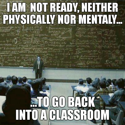 is been a while since ive posted, but here i am :] | I AM  NOT READY, NEITHER PHYSICALLY NOR MENTALY... ...TO GO BACK INTO A CLASSROOM | image tagged in school,memes,funny | made w/ Imgflip meme maker