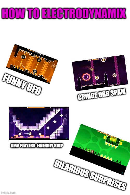 i hate that 4 spikes | HOW TO ELECTRODYNAMIX; FUNNY UFO; CRINGE ORB SPAM; NEW PLAYERS-FRIENDLY SHIP; HILARIOUS SURPRISES | image tagged in blank white template | made w/ Imgflip meme maker