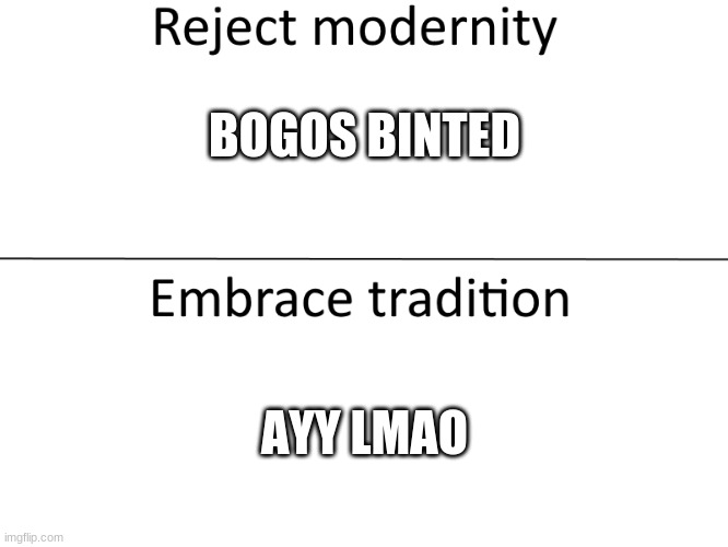 Reject modernity, Embrace tradition | BOGOS BINTED; AYY LMAO | image tagged in reject modernity embrace tradition | made w/ Imgflip meme maker