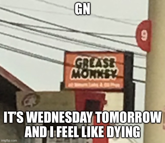 Grease monkey | GN; IT’S WEDNESDAY TOMORROW AND I FEEL LIKE DYING | image tagged in grease monkey | made w/ Imgflip meme maker
