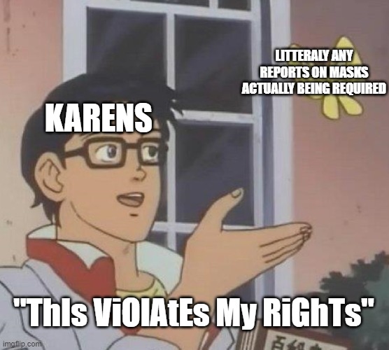 Is This A Pigeon Meme | LITTERALY ANY REPORTS ON MASKS ACTUALLY BEING REQUIRED; KARENS; "ThIs ViOlAtEs My RiGhTs" | image tagged in memes,is this a pigeon | made w/ Imgflip meme maker