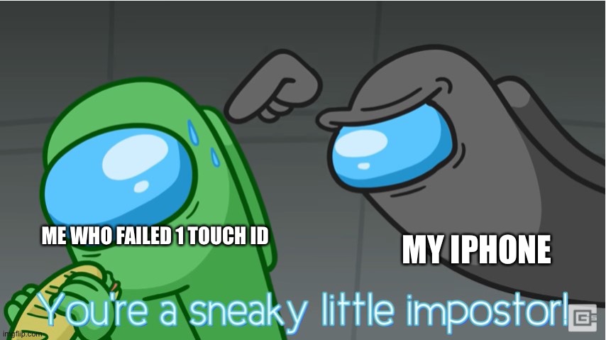 iPhone security be like | MY IPHONE; ME WHO FAILED 1 TOUCH ID | image tagged in you're a sneaky little impostor | made w/ Imgflip meme maker
