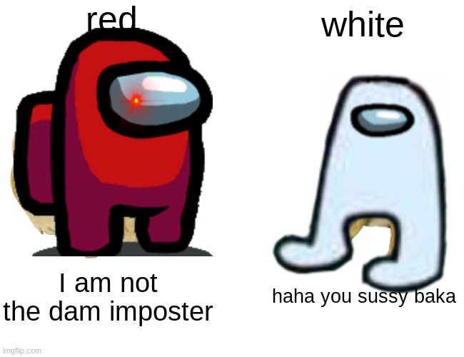 RED SUS | red; white; I am not the dam imposter; haha you sussy baka | image tagged in sus | made w/ Imgflip meme maker