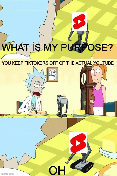 youtube shorts | WHAT IS MY PURPOSE? YOU KEEP TIKTOKERS OFF OF THE ACTUAL YOUTUBE; OH | image tagged in what's my purpose - butter robot | made w/ Imgflip meme maker