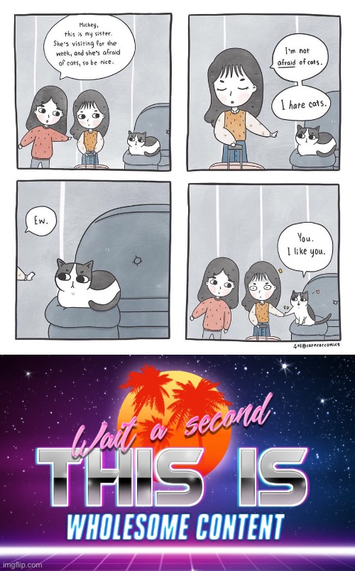 Looks like her ailurophobia is about to come to an end | image tagged in cats,wait a second this is wholesome content,wholesome,comics/cartoons,memes,funny | made w/ Imgflip meme maker