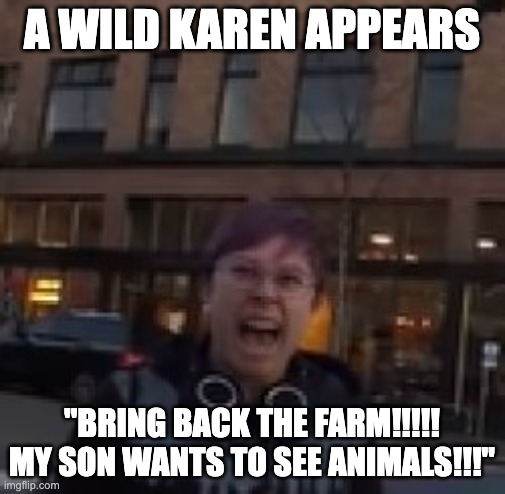 A WILD KAREN APPEARS ''BRING BACK THE FARM!!!!! MY SON WANTS TO SEE ANIMALS!!!'' | made w/ Imgflip meme maker