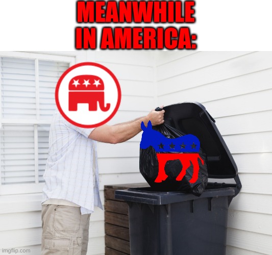 Who else belongs in the Trash? | MEANWHILE IN AMERICA: | image tagged in republicans,democrats,memes,trash,politics | made w/ Imgflip meme maker