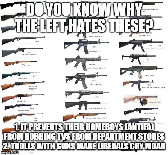 Cry moar libs. | DO YOU KNOW WHY THE LEFT HATES THESE? 1. IT PREVENTS THEIR HOMEBOYS (ANTIFA) FROM ROBBING TVS FROM DEPARTMENT STORES
2. TROLLS WITH GUNS MAKE LIBERALS CRY MOAR | image tagged in firearms,cry,liberals,antifa,troll | made w/ Imgflip meme maker