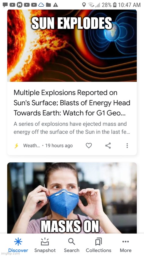 Sun Explodes Mask On News Duo | SUN EXPLODES; MASKS ON | image tagged in sun explodes mask on news duo | made w/ Imgflip meme maker