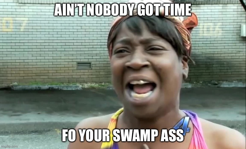 Ain’t nobody got time for that! | AIN’T NOBODY GOT TIME; FO YOUR SWAMP ASS | image tagged in ain t nobody got time for that | made w/ Imgflip meme maker