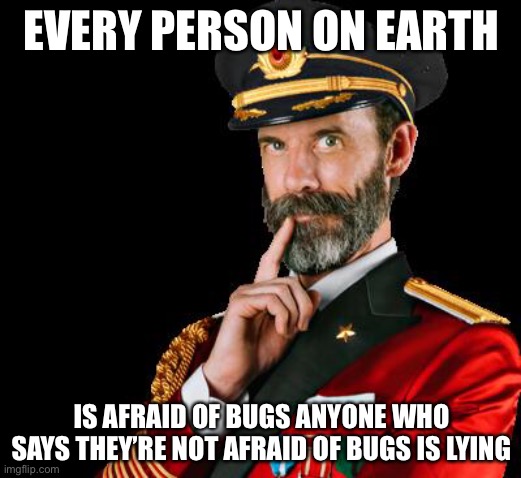 captain obvious | EVERY PERSON ON EARTH; IS AFRAID OF BUGS ANYONE WHO SAYS THEY’RE NOT AFRAID OF BUGS IS LYING | image tagged in captain obvious,memes,bugs,insects,so true | made w/ Imgflip meme maker