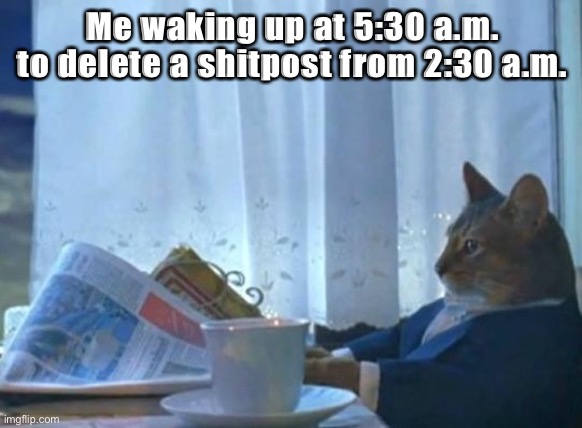 Cat newspaper | Me waking up at 5:30 a.m. to delete a shitpost from 2:30 a.m. | image tagged in cat newspaper | made w/ Imgflip meme maker