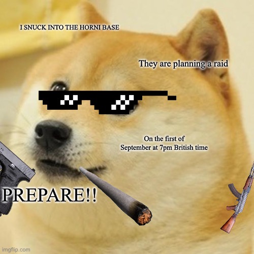 Doge Meme | I SNUCK INTO THE HORNI BASE; They are planning a raid; On the first of September at 7pm British time; PREPARE!! | image tagged in memes,doge | made w/ Imgflip meme maker