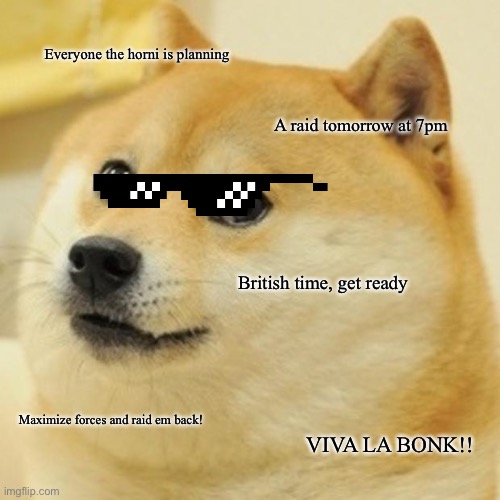 Doge Meme | Everyone the horni is planning; A raid tomorrow at 7pm; British time, get ready; Maximize forces and raid em back! VIVA LA BONK!! | image tagged in memes,doge | made w/ Imgflip meme maker