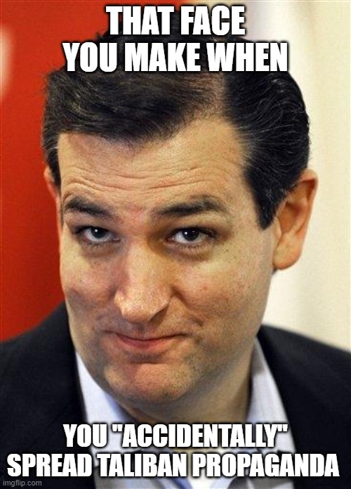 Bashful Ted Cruz | THAT FACE YOU MAKE WHEN; YOU "ACCIDENTALLY" SPREAD TALIBAN PROPAGANDA | image tagged in bashful ted cruz | made w/ Imgflip meme maker