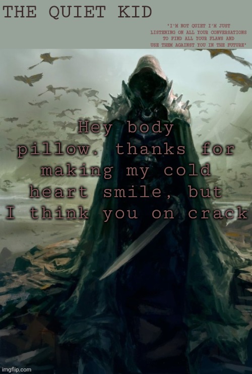 Quiet kid | Hey body pillow. thanks for making my cold heart smile, but I think you on crack | image tagged in quiet kid | made w/ Imgflip meme maker
