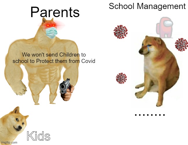 When School forces students to come to School | School Management; Parents; We won't send Children to school to Protect them from Covid; ........ Kids | image tagged in memes,buff doge vs cheems,school | made w/ Imgflip meme maker