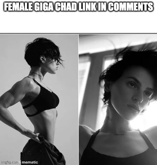 FEMALE GIGA CHAD LINK IN COMMENTS | image tagged in female giga chad | made w/ Imgflip meme maker