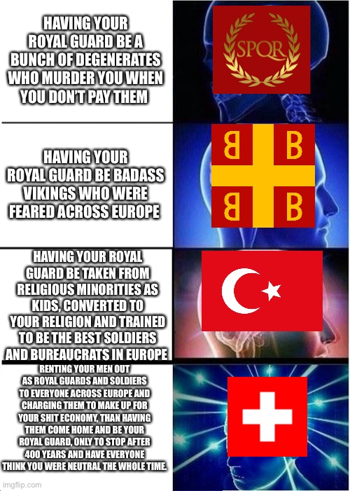 Bodyguard meme | HAVING YOUR ROYAL GUARD BE A BUNCH OF DEGENERATES WHO MURDER YOU WHEN YOU DON’T PAY THEM; HAVING YOUR ROYAL GUARD BE BADASS VIKINGS WHO WERE FEARED ACROSS EUROPE; HAVING YOUR ROYAL GUARD BE TAKEN FROM RELIGIOUS MINORITIES AS KIDS, CONVERTED TO YOUR RELIGION AND TRAINED TO BE THE BEST SOLDIERS AND BUREAUCRATS IN EUROPE; RENTING YOUR MEN OUT AS ROYAL GUARDS AND SOLDIERS TO EVERYONE ACROSS EUROPE AND CHARGING THEM TO MAKE UP FOR YOUR SHIT ECONOMY, THAN HAVING THEM COME HOME AND BE YOUR ROYAL GUARD, ONLY TO STOP AFTER 400 YEARS AND HAVE EVERYONE THINK YOU WERE NEUTRAL THE WHOLE TIME. | image tagged in memes,expanding brain | made w/ Imgflip meme maker