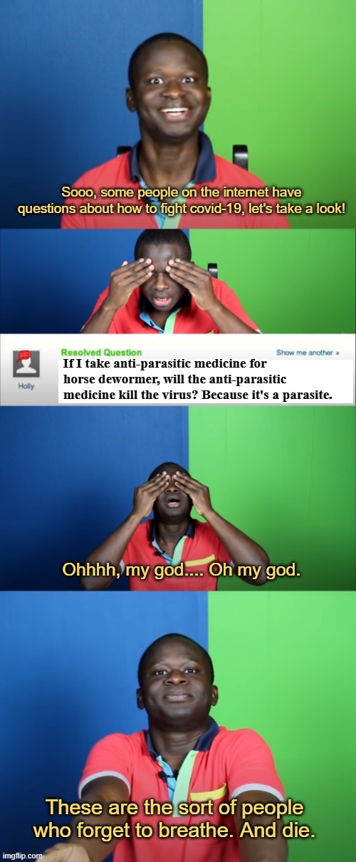 Ask yourself. 10 years ago, would you take horse dewormer for what you THOUGHT was "the common cold?" | Sooo, some people on the internet have questions about how to fight covid-19, let's take a look! If I take anti-parasitic medicine for horse dewormer, will the anti-parasitic medicine kill the virus? Because it's a parasite. Ohhhh, my god.... Oh my god. These are the sort of people who forget to breathe. And die. | image tagged in maxim bady,facepalm,covid,vaccine,conspiracy,theory | made w/ Imgflip meme maker