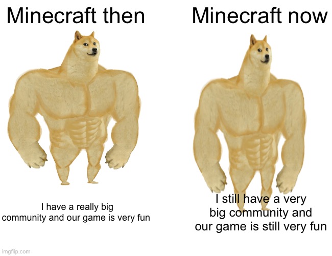 I spit facts | Minecraft then; Minecraft now; I have a really big community and our game is very fun; I still have a very big community and our game is still very fun | image tagged in memes,buff doge vs cheems,minecraft,video games | made w/ Imgflip meme maker