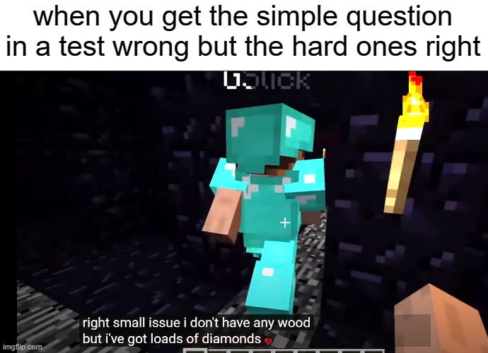 minecraft | when you get the simple question in a test wrong but the hard ones right | image tagged in i don't have any wood but i have loads of diamonds | made w/ Imgflip meme maker