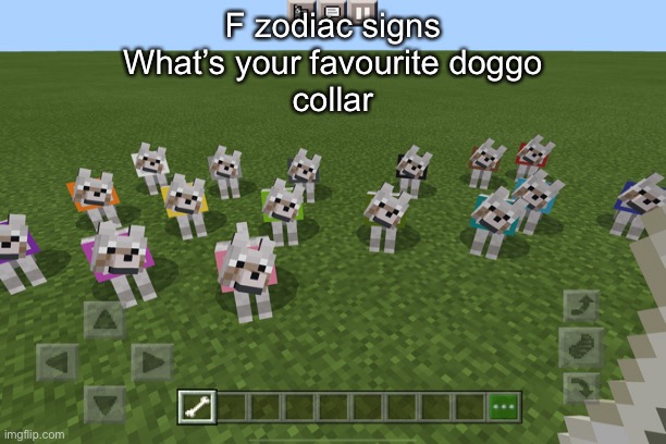 F Zodiac signs | F zodiac signs
What’s your favourite doggo
collar | image tagged in zodiac,minecraft | made w/ Imgflip meme maker