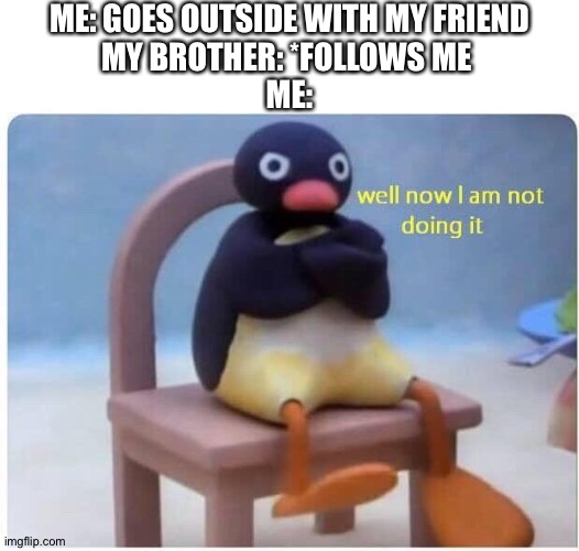 Oh come on brother | ME: GOES OUTSIDE WITH MY FRIEND
MY BROTHER: *FOLLOWS ME 
ME: | image tagged in well now i'm not doing it | made w/ Imgflip meme maker