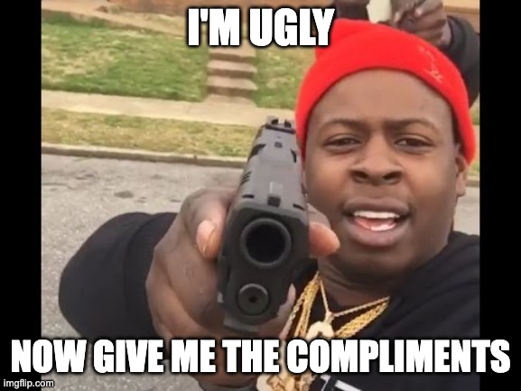 gun pointing meme | I'M UGLY NOW GIVE ME THE COMPLIMENTS | image tagged in gun pointing meme | made w/ Imgflip meme maker