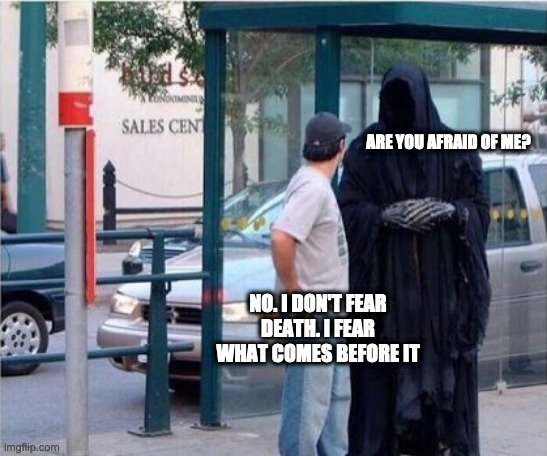 Grim reaper  | ARE YOU AFRAID OF ME? NO. I DON'T FEAR DEATH. I FEAR WHAT COMES BEFORE IT | image tagged in grim reaper | made w/ Imgflip meme maker