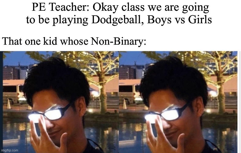 They be playin for both teams | PE Teacher: Okay class we are going to be playing Dodgeball, Boys vs Girls; That one kid whose Non-Binary: | image tagged in anime glasses | made w/ Imgflip meme maker