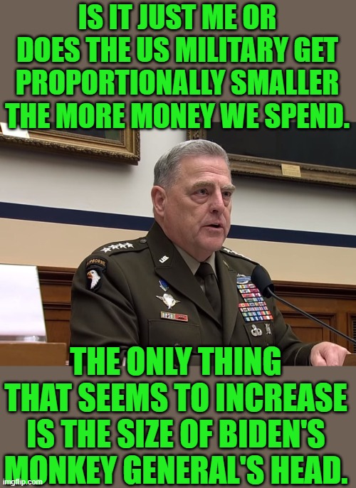 yep | IS IT JUST ME OR DOES THE US MILITARY GET PROPORTIONALLY SMALLER THE MORE MONEY WE SPEND. THE ONLY THING THAT SEEMS TO INCREASE IS THE SIZE OF BIDEN'S MONKEY GENERAL'S HEAD. | image tagged in democrats,fascism | made w/ Imgflip meme maker