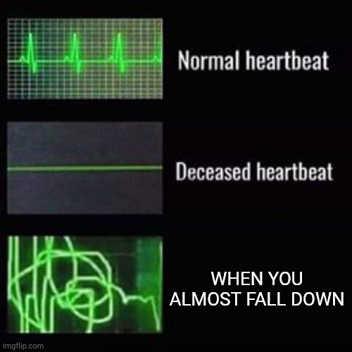 heartbeat rate | WHEN YOU ALMOST FALL DOWN | image tagged in heartbeat rate,normal heartbeat deceased heartbeat | made w/ Imgflip meme maker
