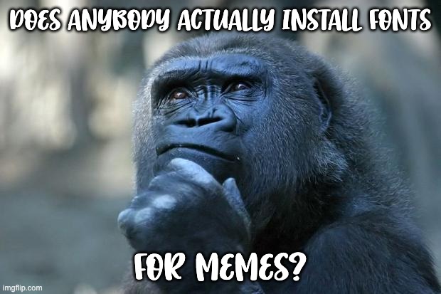 Deep Thoughts | DOES ANYBODY ACTUALLY INSTALL FONTS; FOR MEMES? | image tagged in deep thoughts | made w/ Imgflip meme maker