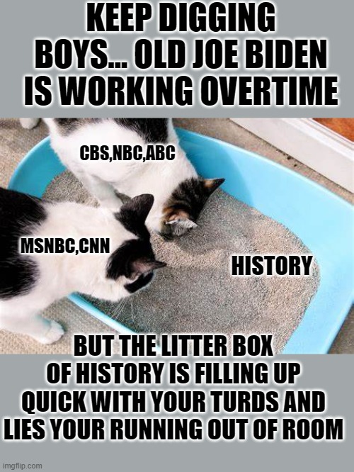 yep | KEEP DIGGING BOYS... OLD JOE BIDEN IS WORKING OVERTIME; CBS,NBC,ABC; HISTORY; MSNBC,CNN; BUT THE LITTER BOX OF HISTORY IS FILLING UP QUICK WITH YOUR TURDS AND LIES YOUR RUNNING OUT OF ROOM | image tagged in democrats,msm | made w/ Imgflip meme maker