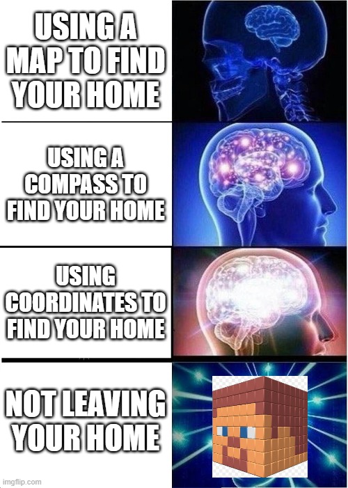 When you get lost in minecraft | USING A MAP TO FIND YOUR HOME; USING A COMPASS TO FIND YOUR HOME; USING COORDINATES TO FIND YOUR HOME; NOT LEAVING YOUR HOME | image tagged in memes,expanding brain | made w/ Imgflip meme maker