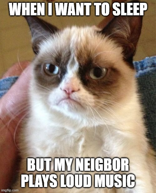 Grumpy Cat Meme | WHEN I WANT TO SLEEP; BUT MY NEIGBOR PLAYS LOUD MUSIC | image tagged in memes,grumpy cat | made w/ Imgflip meme maker