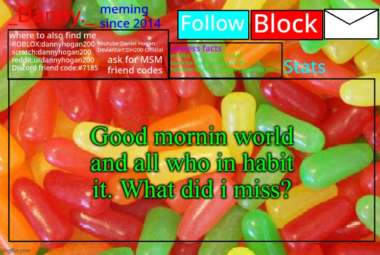 _Danny._ mike and ike announcementz | Good mornin world and all who in habit it. What did i miss? | image tagged in _danny _ mike and ike announcementz | made w/ Imgflip meme maker
